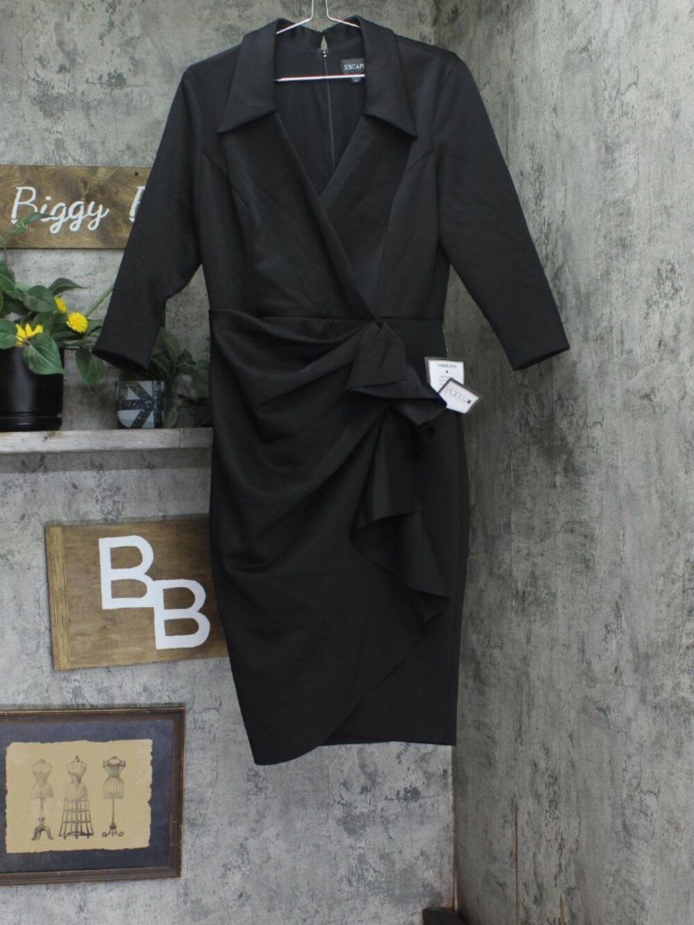 Xscape Black Short Scuba Collar Side Ruffle Ruched Midi Dress 5636X